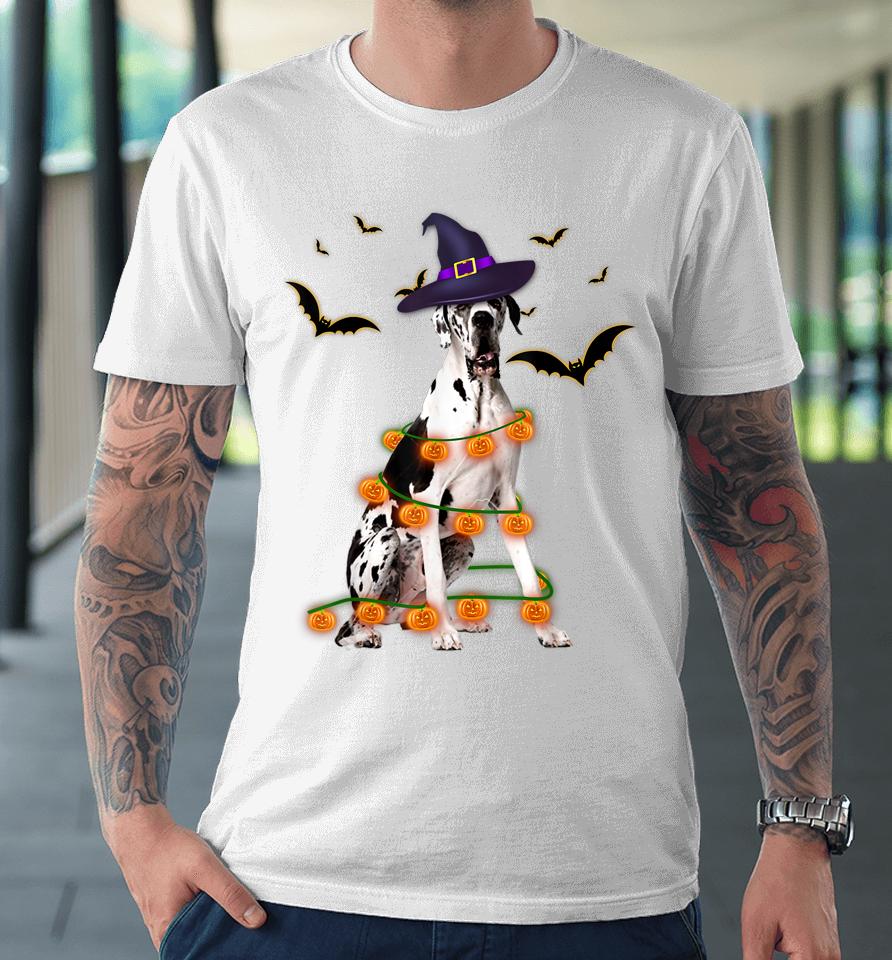 Great Dane Wizard Hat Tree Lights Pumpkin Funny Halloween Premium T-Shirt