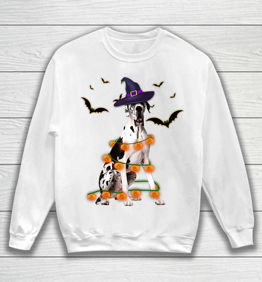 Great Dane Wizard Hat Tree Lights Pumpkin Funny Halloween Sweatshirt