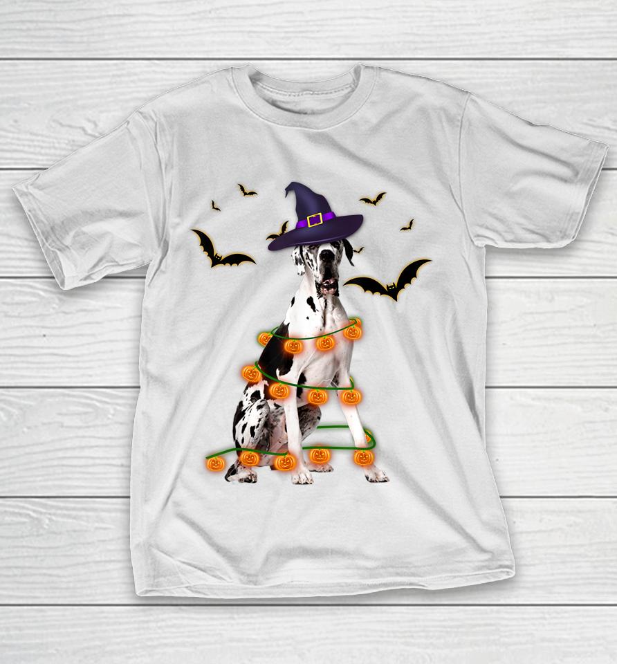 Great Dane Wizard Hat Tree Lights Pumpkin Funny Halloween T-Shirt
