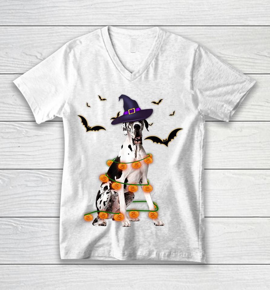 Great Dane Wizard Hat Tree Lights Pumpkin Funny Halloween Unisex V-Neck T-Shirt