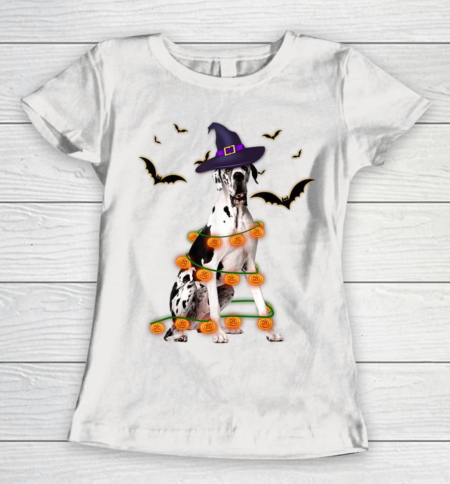 Great Dane Wizard Hat Tree Lights Pumpkin Funny Halloween Women T-Shirt