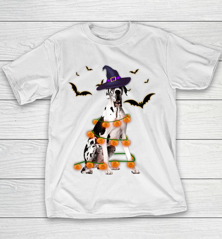 Great Dane Wizard Hat Tree Lights Pumpkin Funny Halloween Youth T-Shirt