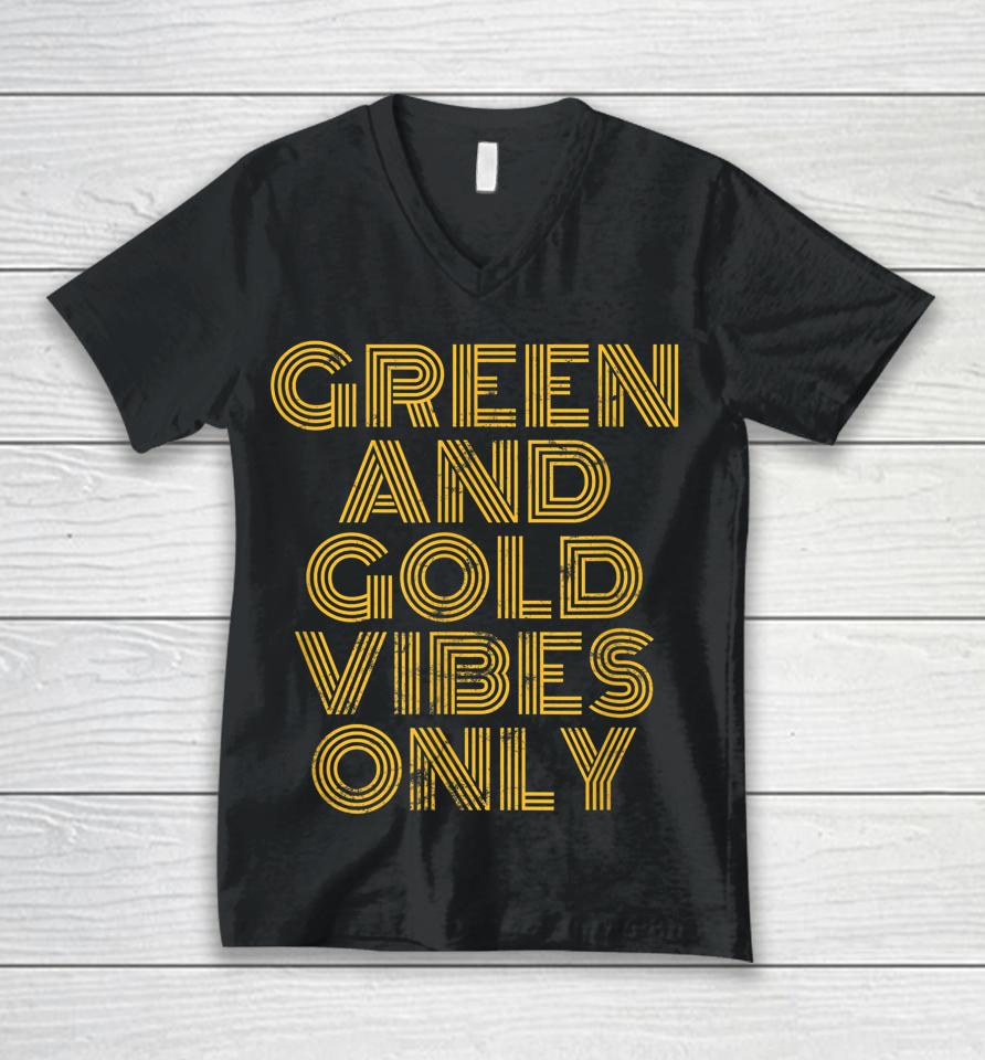 Green And Gold Vibes Only High School Football Game Team 70S Unisex V-Neck T-Shirt