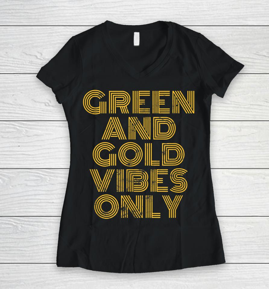 Green And Gold Vibes Only High School Football Game Team 70S Women V-Neck T-Shirt