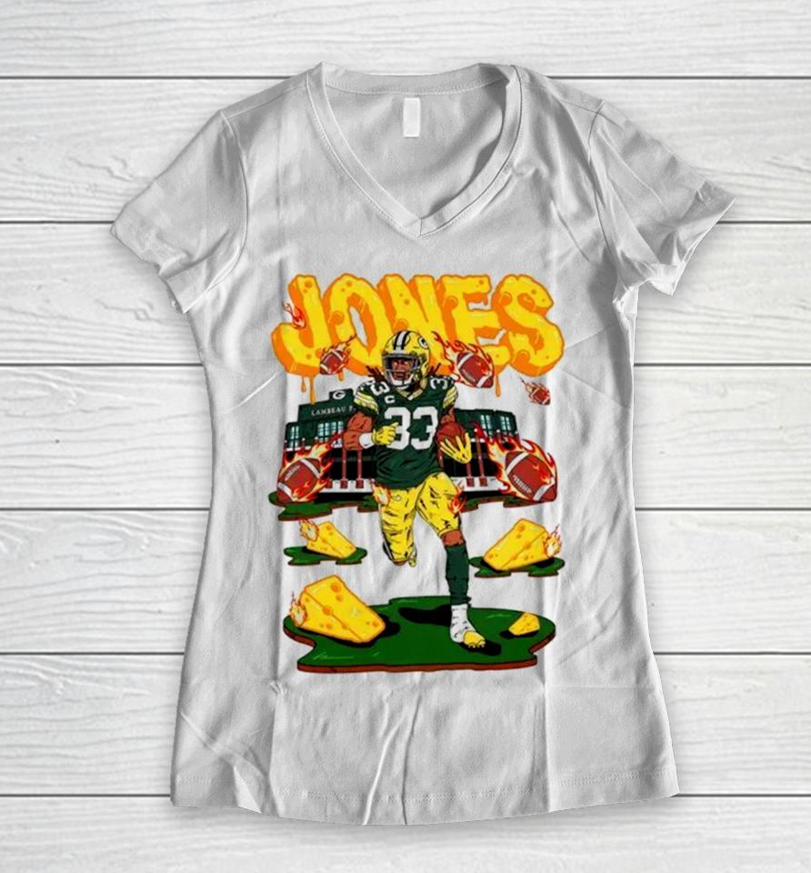 Green Bay Packers Aaron Jones Lamare Field Stadium Women V-Neck T-Shirt