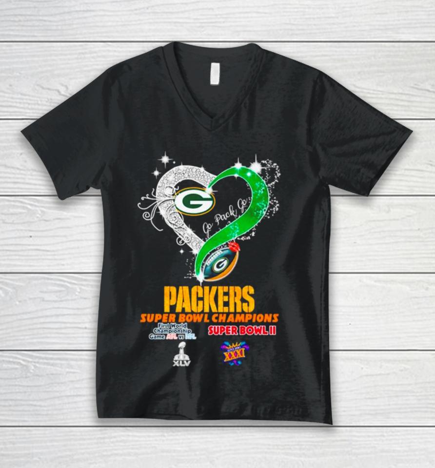 Green Bay Packers Super Bowl Champions Heart Go Pack Go Unisex V-Neck T-Shirt
