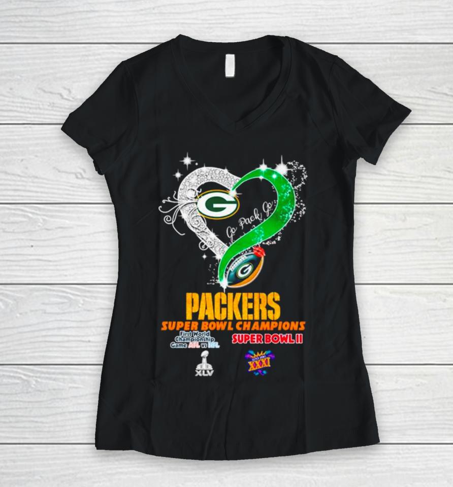 Green Bay Packers Super Bowl Champions Heart Go Pack Go Women V-Neck T-Shirt