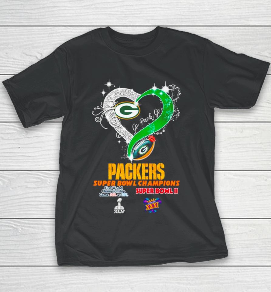 Green Bay Packers Super Bowl Champions Heart Go Pack Go Youth T-Shirt