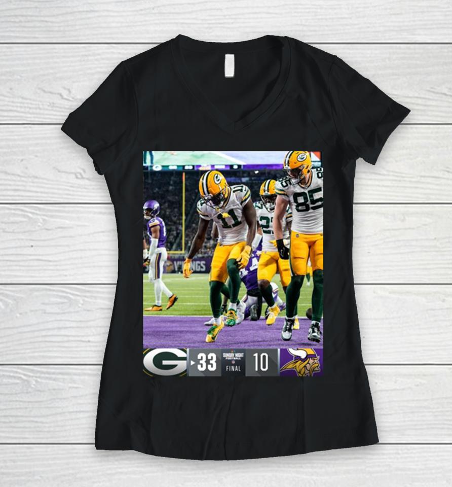 Green Bay Packers Win 33 10 Minnesota Vikings Nfl 2024 Gameday Final Score Women V-Neck T-Shirt