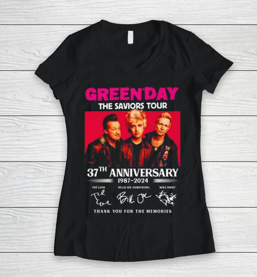 Green Day The Saviors Tour 37Th Anniversary 1987 2024 Thank You For The Memories Signatures Women V-Neck T-Shirt