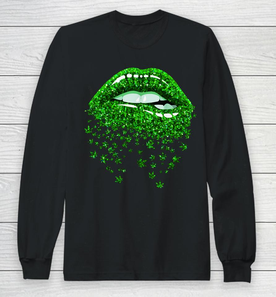 Green Lips Biting Sexy Cool Cannabis Marijuana Weed Pot Leaf Long Sleeve T-Shirt