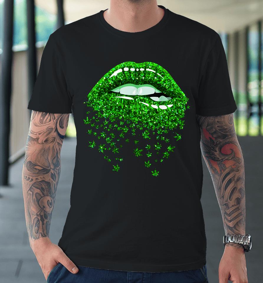 Green Lips Biting Sexy Cool Cannabis Marijuana Weed Pot Leaf Premium T-Shirt