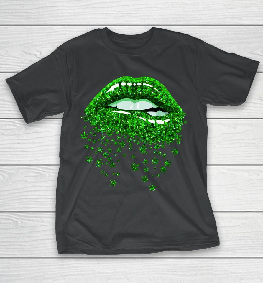 Green Lips Biting Sexy Cool Cannabis Marijuana Weed Pot Leaf T-Shirt