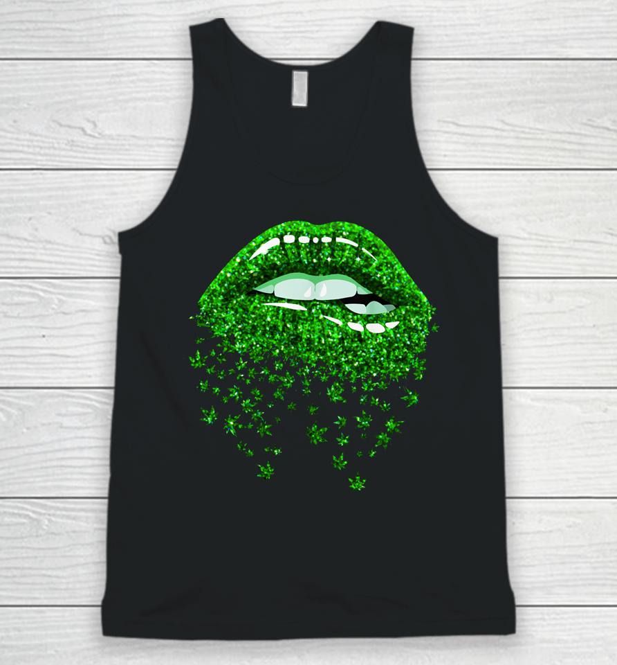 Green Lips Biting Sexy Cool Cannabis Marijuana Weed Pot Leaf Unisex Tank Top