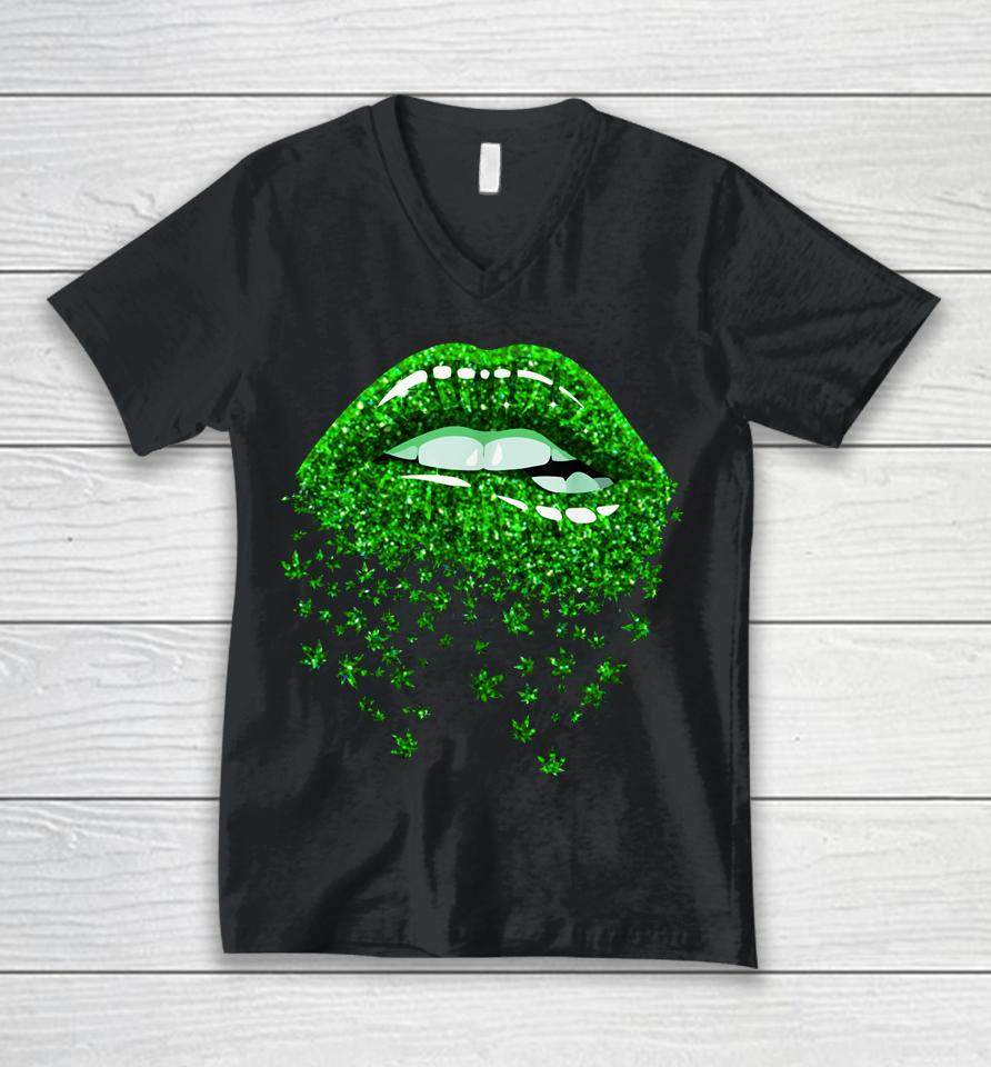 Green Lips Biting Sexy Cool Cannabis Marijuana Weed Pot Leaf Unisex V-Neck T-Shirt