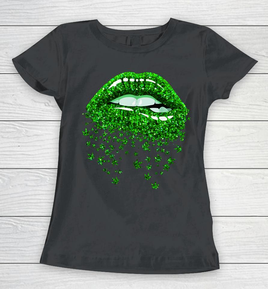 Green Lips Biting Sexy Cool Cannabis Marijuana Weed Pot Leaf Women T-Shirt