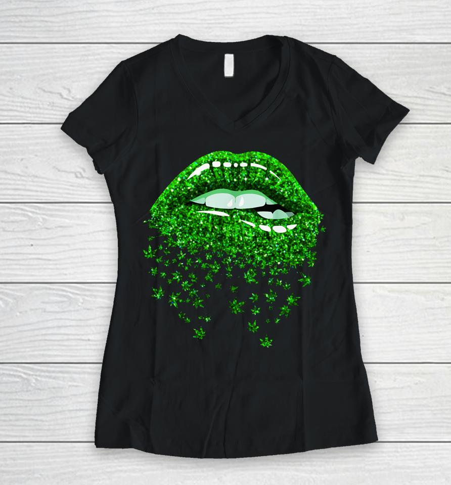 Green Lips Biting Sexy Cool Cannabis Marijuana Weed Pot Leaf Women V-Neck T-Shirt