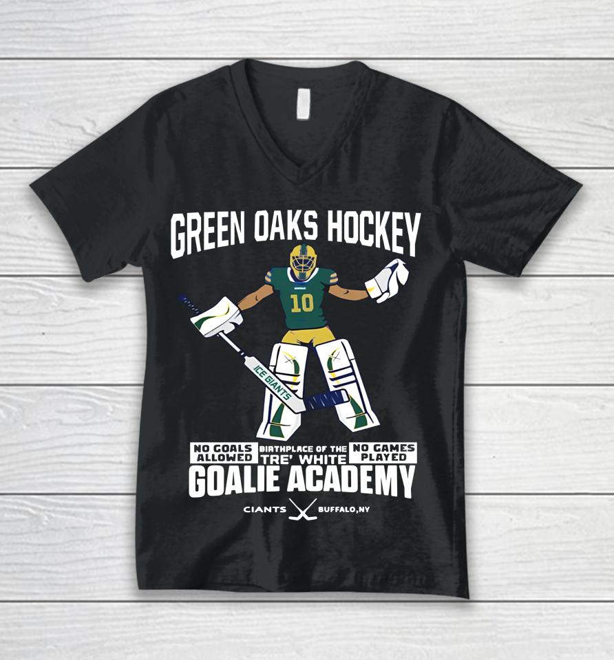 Green Oaks Hockey Tre White Goalie Academy Jon Scott Unisex V-Neck T-Shirt
