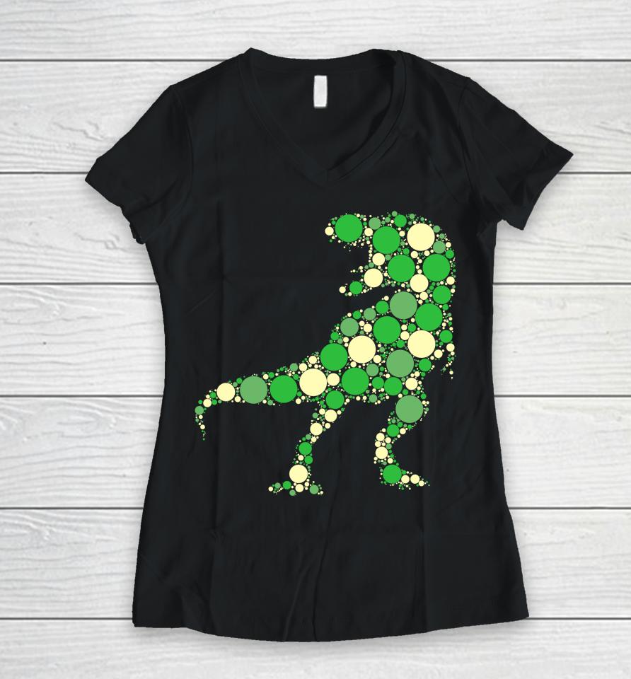 Green Polka Dot T Rex Dinosaur International Dot Day Women V-Neck T-Shirt