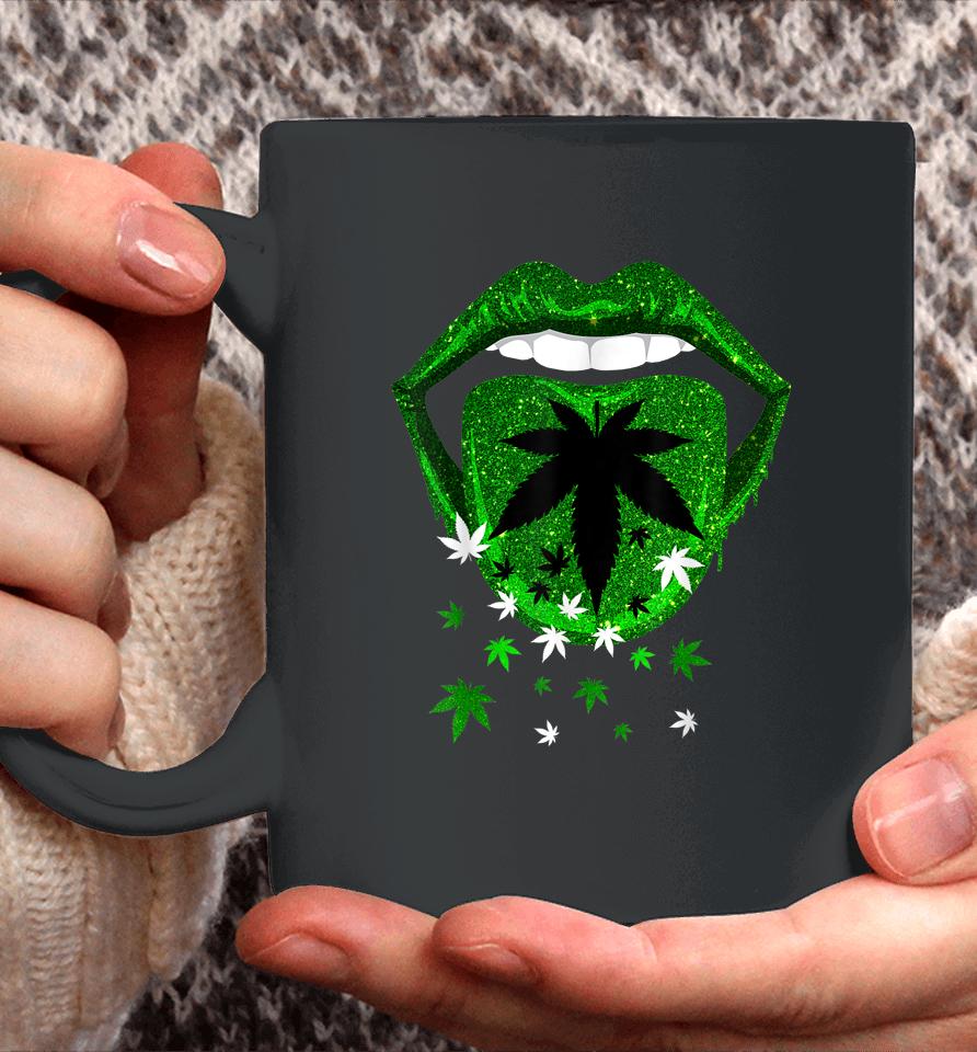 Green Sexy Lips Biting Cool Cannabis Marijuana Weed Pot Leaf Coffee Mug