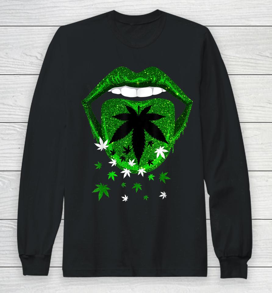 Green Sexy Lips Biting Cool Cannabis Marijuana Weed Pot Leaf Long Sleeve T-Shirt