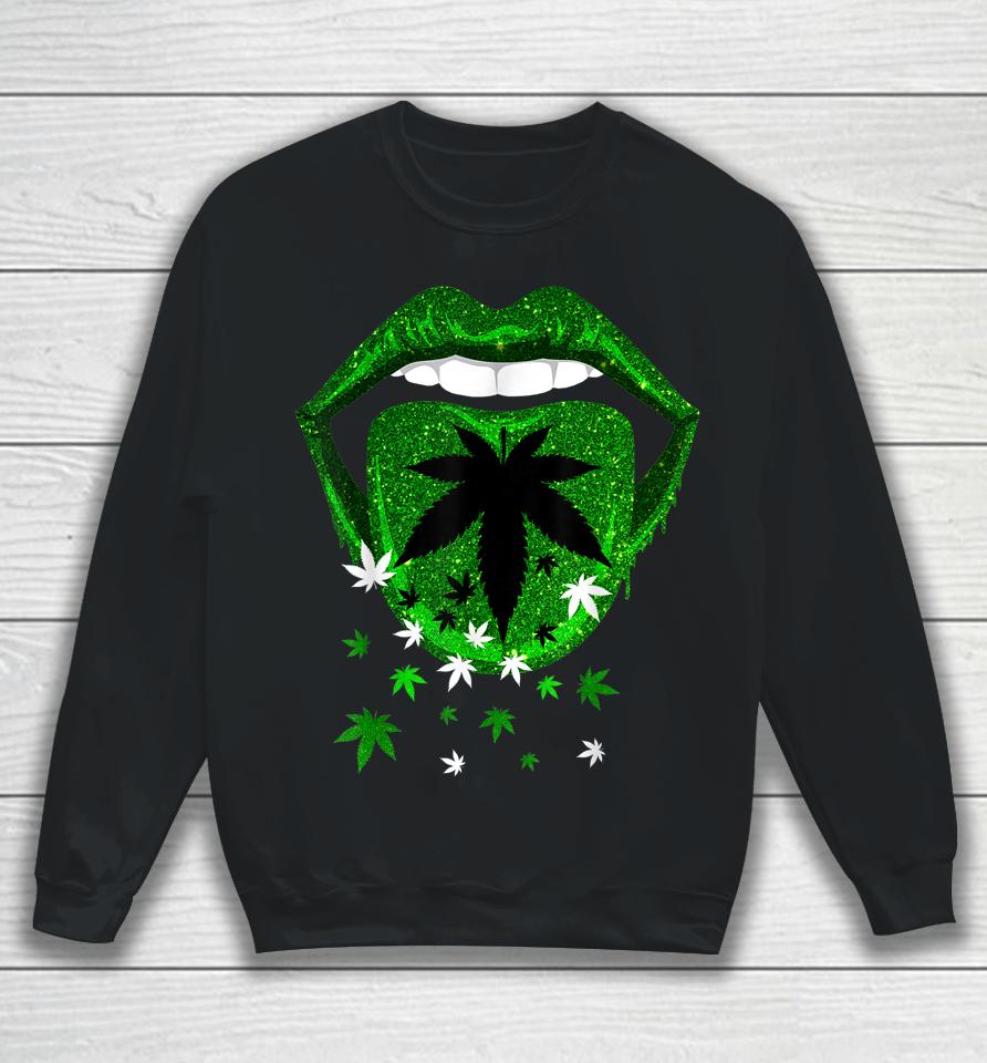 Green Sexy Lips Biting Cool Cannabis Marijuana Weed Pot Leaf Sweatshirt