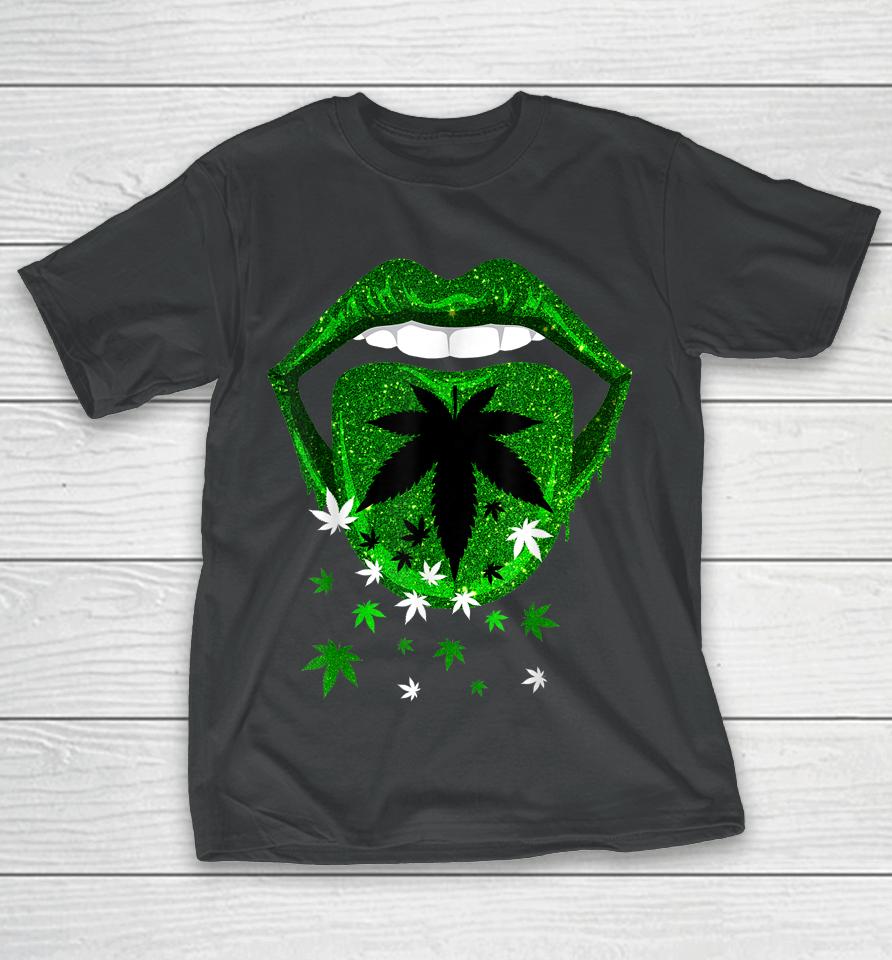 Green Sexy Lips Biting Cool Cannabis Marijuana Weed Pot Leaf T-Shirt