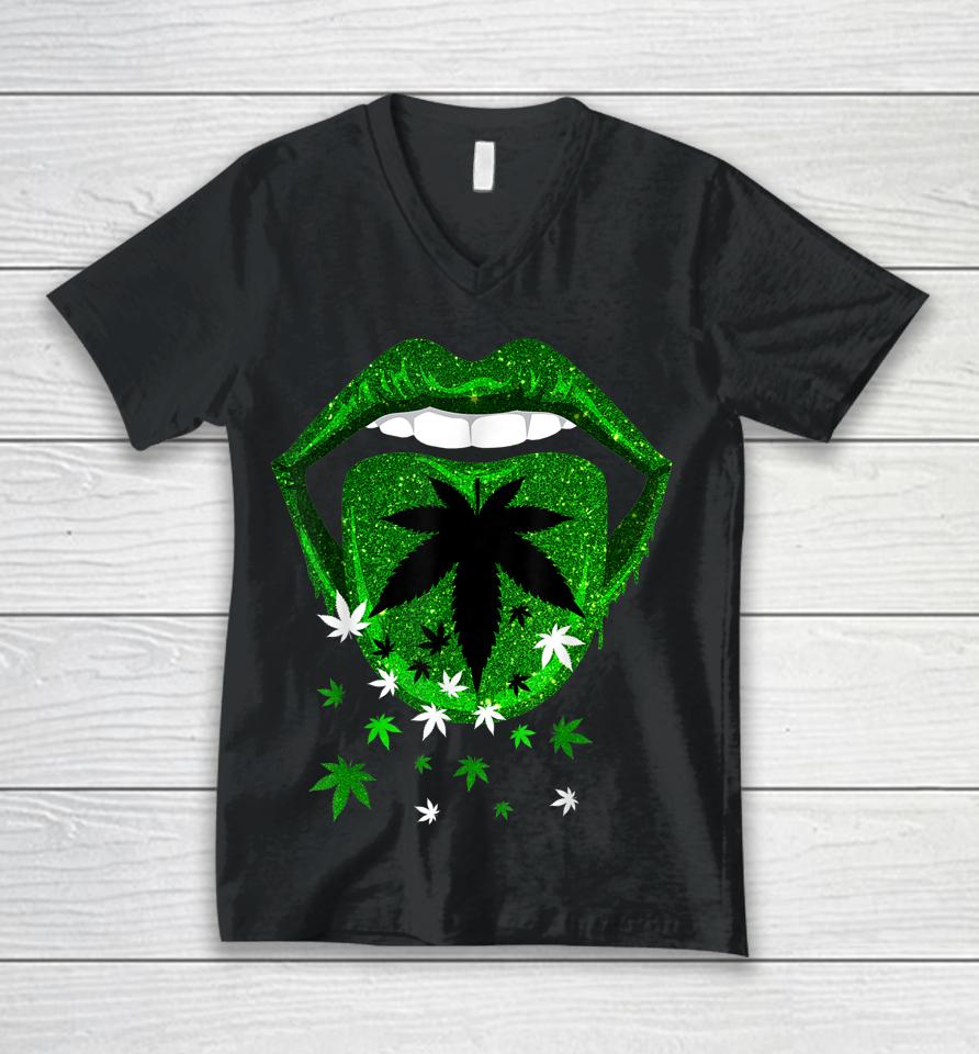 Green Sexy Lips Biting Cool Cannabis Marijuana Weed Pot Leaf Unisex V-Neck T-Shirt