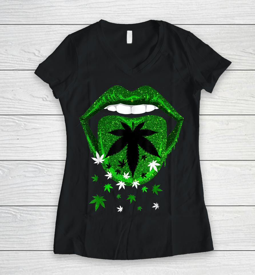 Green Sexy Lips Biting Cool Cannabis Marijuana Weed Pot Leaf Women V-Neck T-Shirt