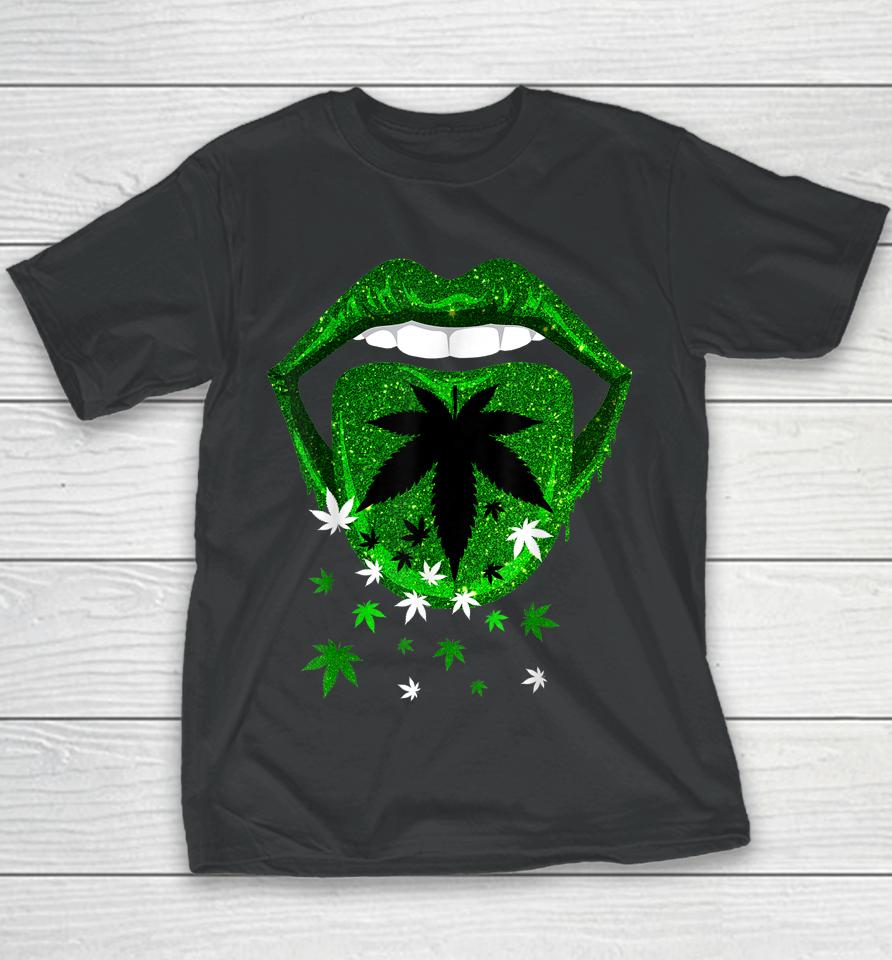 Green Sexy Lips Biting Cool Cannabis Marijuana Weed Pot Leaf Youth T-Shirt