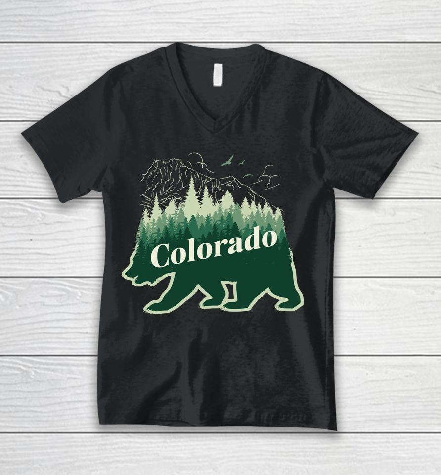 Green Winter Colorado Mountains And Bear Unisex V-Neck T-Shirt