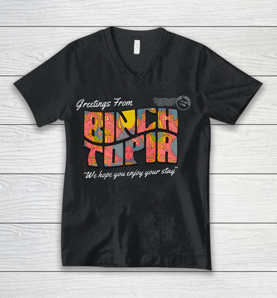 Greetings From Binchtopia We Hope You Enjoy Your Stay Unisex V-Neck T-Shirt