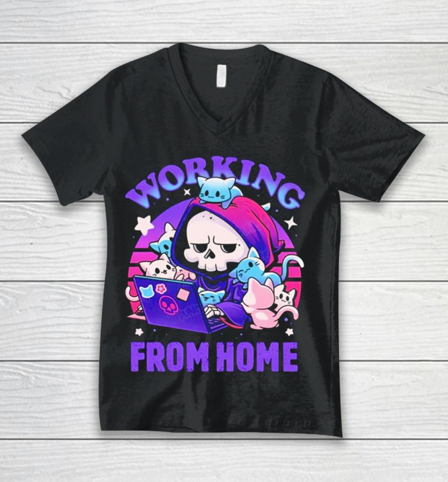 Grim Reaper Working From Home Surrounded By Cats Unisex V-Neck T-Shirt