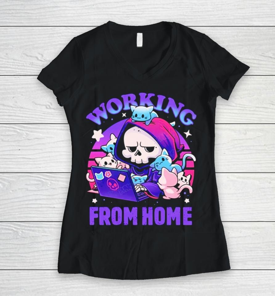 Grim Reaper Working From Home Surrounded By Cats Women V-Neck T-Shirt