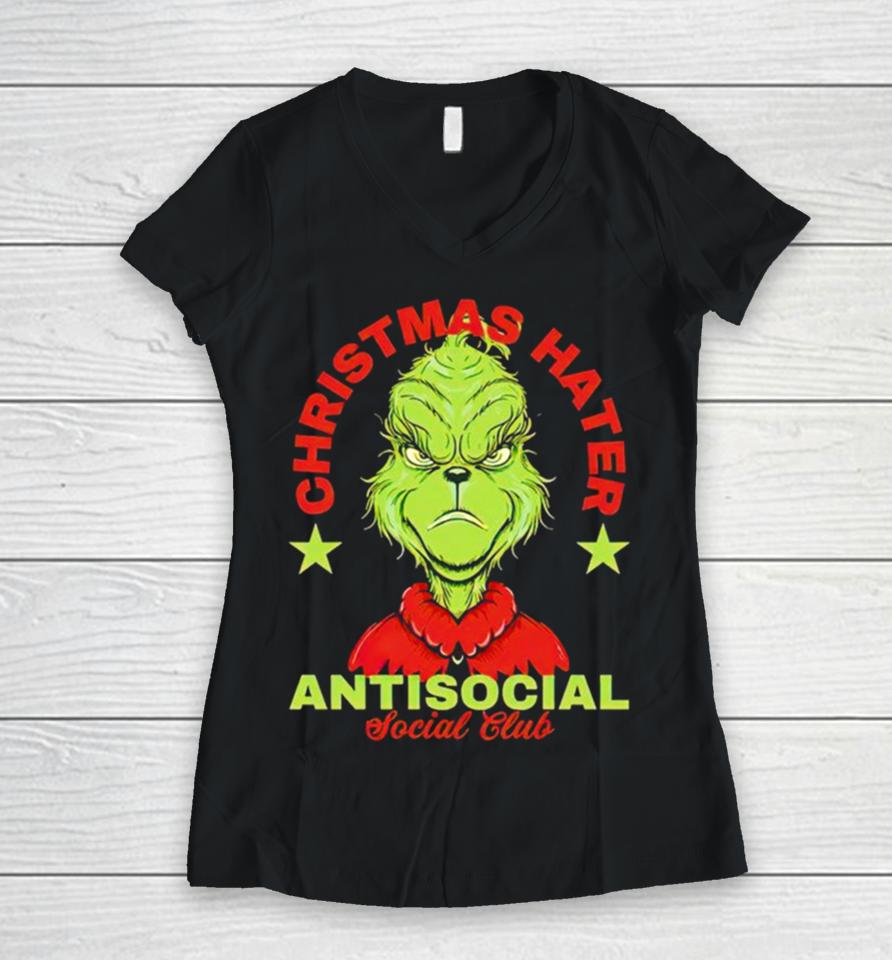 Grinch Christmas Hater Antisocial Social Club Women V-Neck T-Shirt