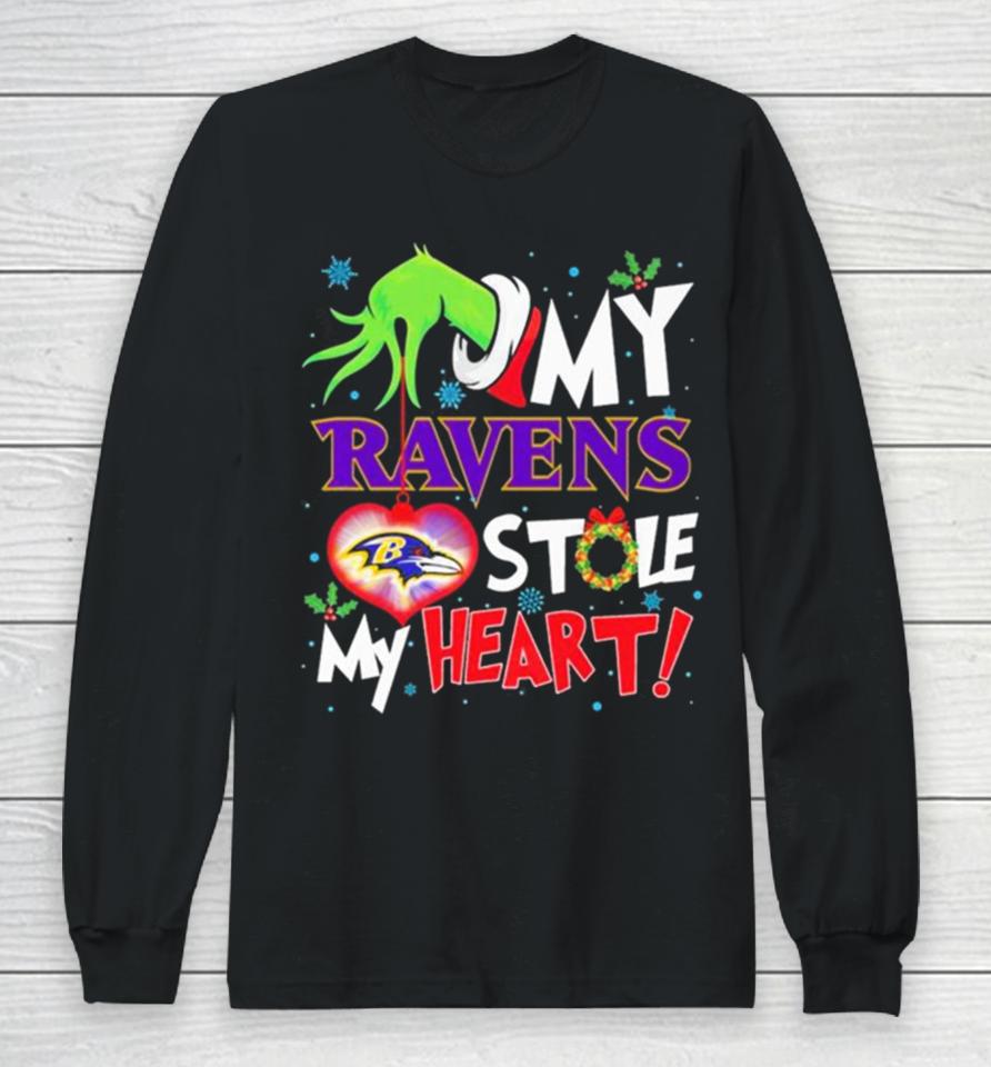 Grinch Hand My Baltimore Ravens Stole My Heart Christmas Long Sleeve T-Shirt
