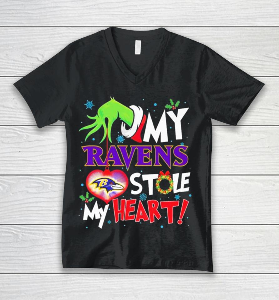 Grinch Hand My Baltimore Ravens Stole My Heart Christmas Unisex V-Neck T-Shirt