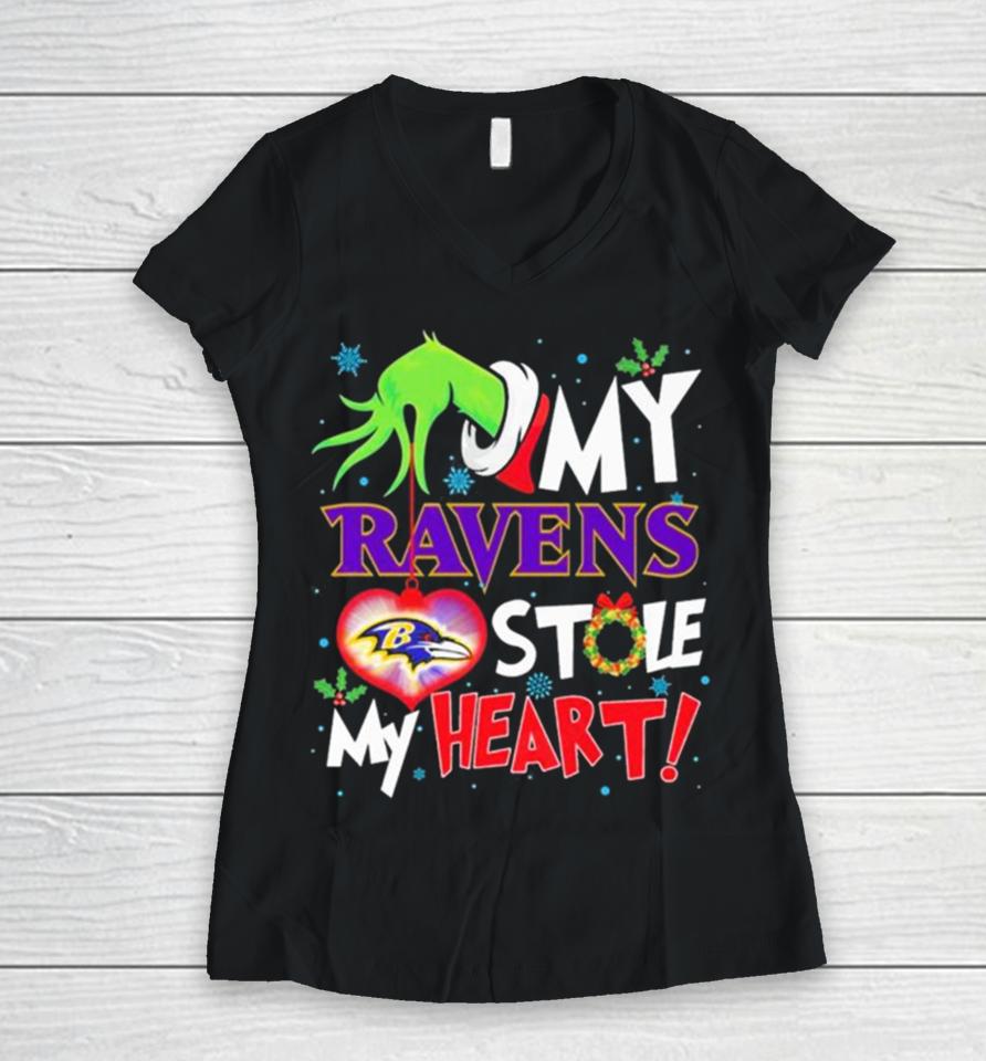 Grinch Hand My Baltimore Ravens Stole My Heart Christmas Women V-Neck T-Shirt