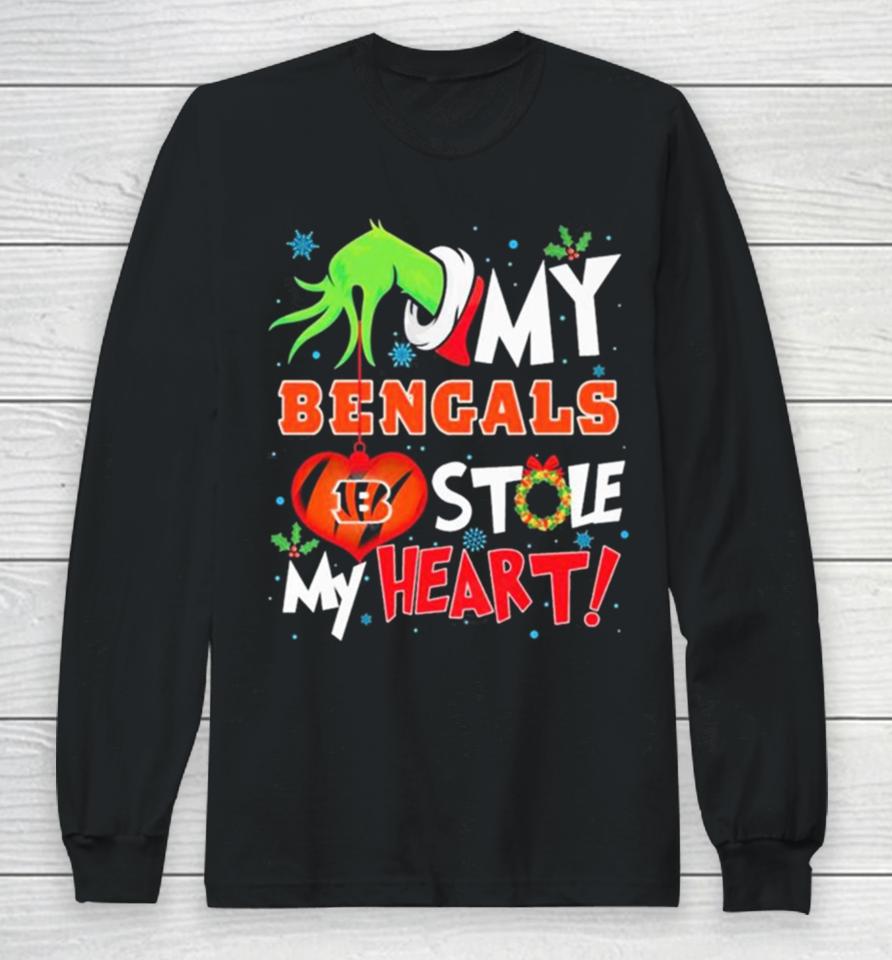 Grinch Hand My Cincinnati Bengals Stole My Heart Christmas Long Sleeve T-Shirt