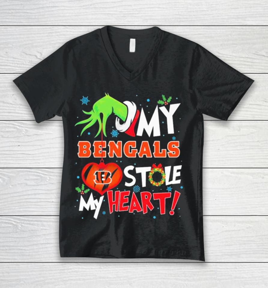 Grinch Hand My Cincinnati Bengals Stole My Heart Christmas Unisex V-Neck T-Shirt