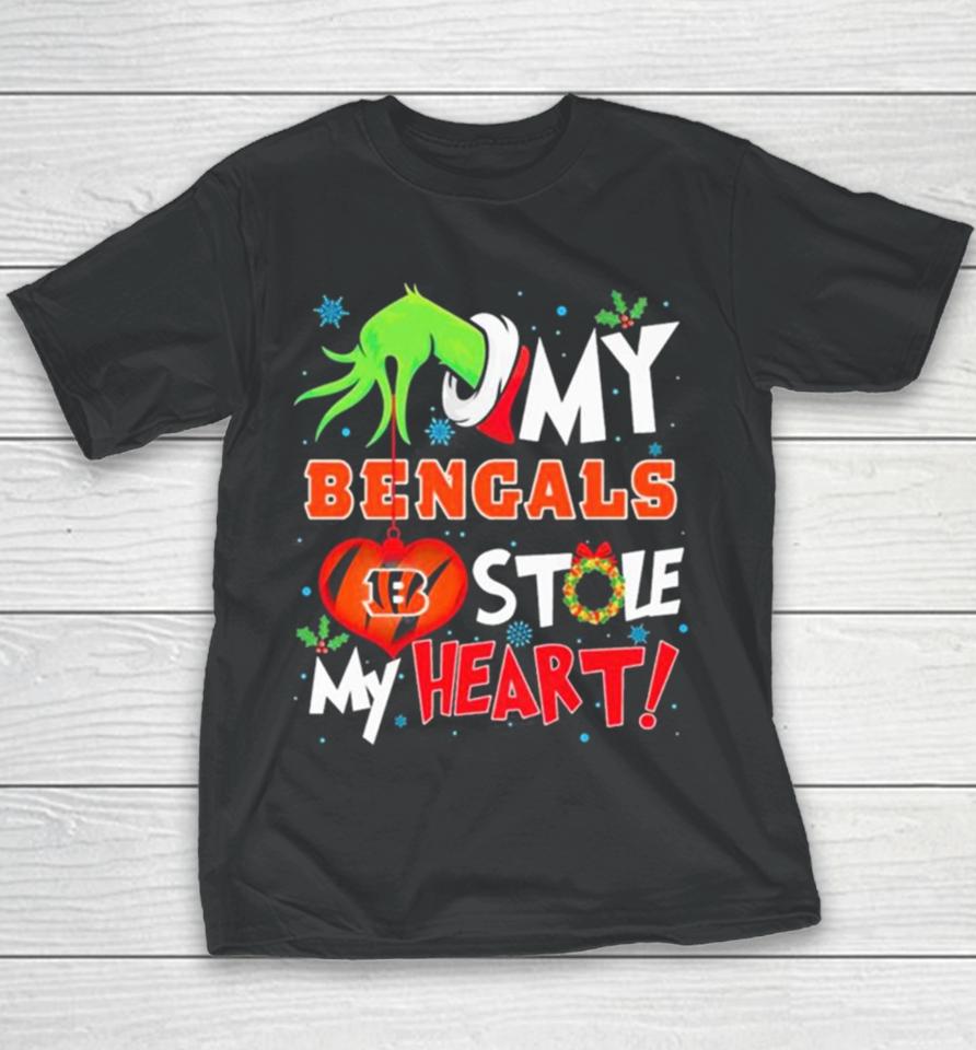 Grinch Hand My Cincinnati Bengals Stole My Heart Christmas Youth T-Shirt
