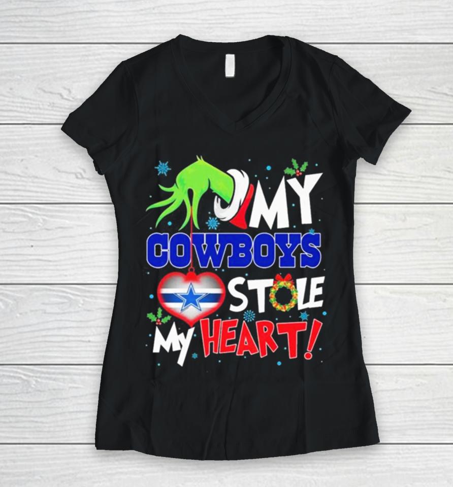 Grinch Hand My Dallas Cowboys Stole My Heart Christmas Women V-Neck T-Shirt