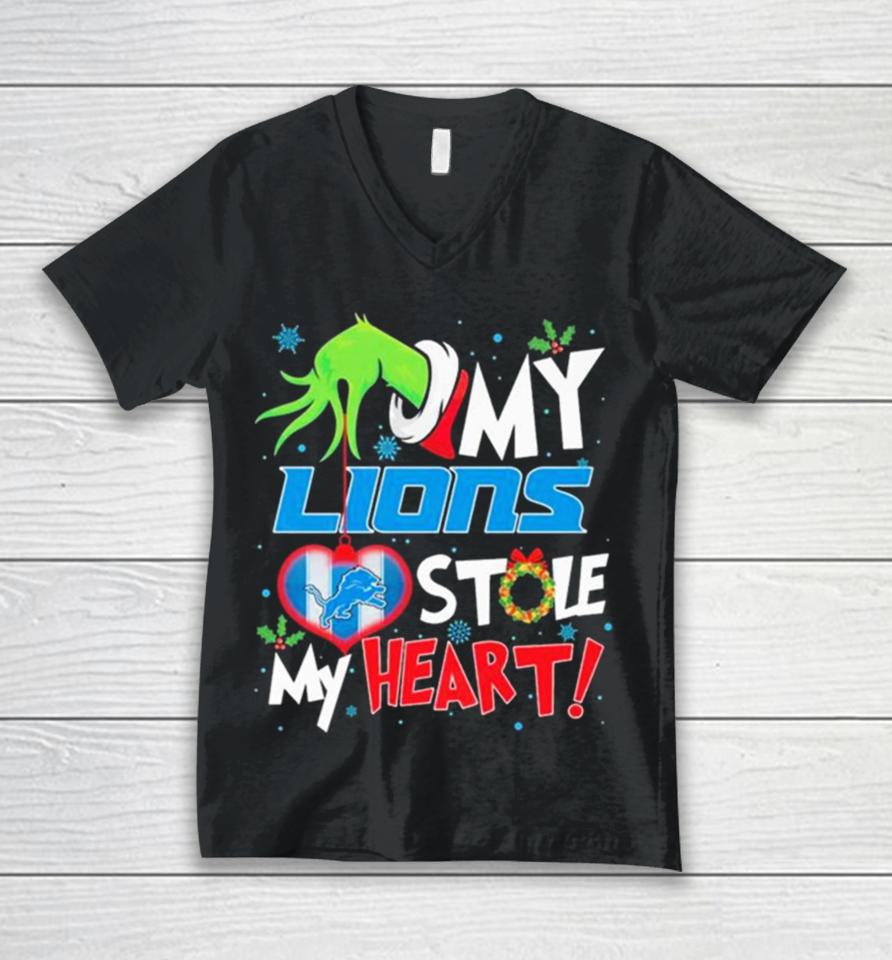 Grinch Hand My Detroit Lions Stole My Heart Christmas Unisex V-Neck T-Shirt