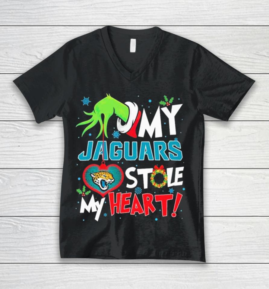 Grinch Hand My Jacksonville Jaguars Stole My Heart Christmas Unisex V-Neck T-Shirt