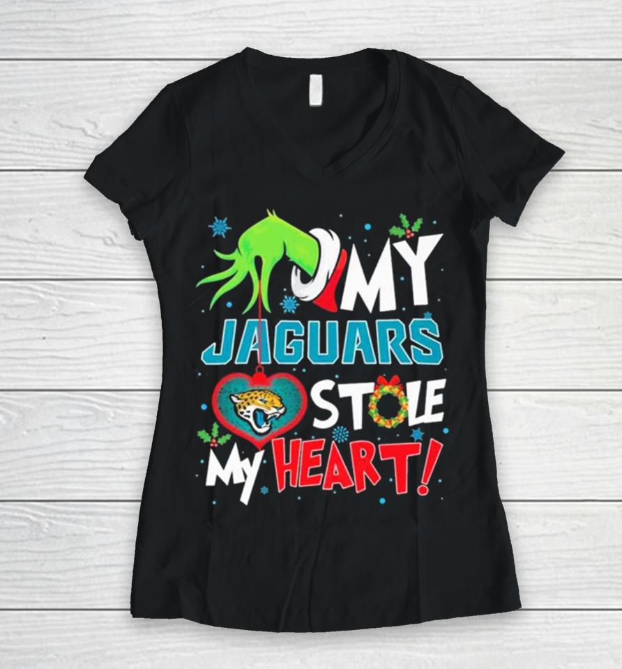 Grinch Hand My Jacksonville Jaguars Stole My Heart Christmas Women V-Neck T-Shirt