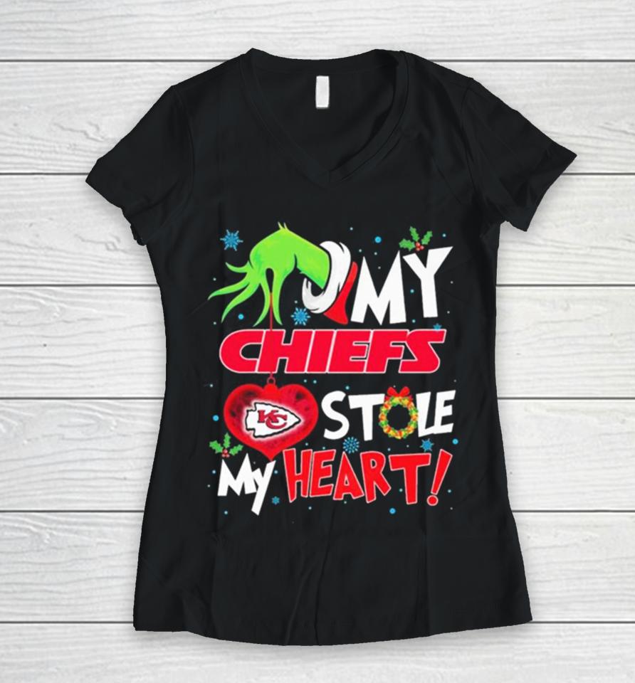 Grinch Hand My Kansas City Chiefs Stole My Heart Christmas Women V-Neck T-Shirt