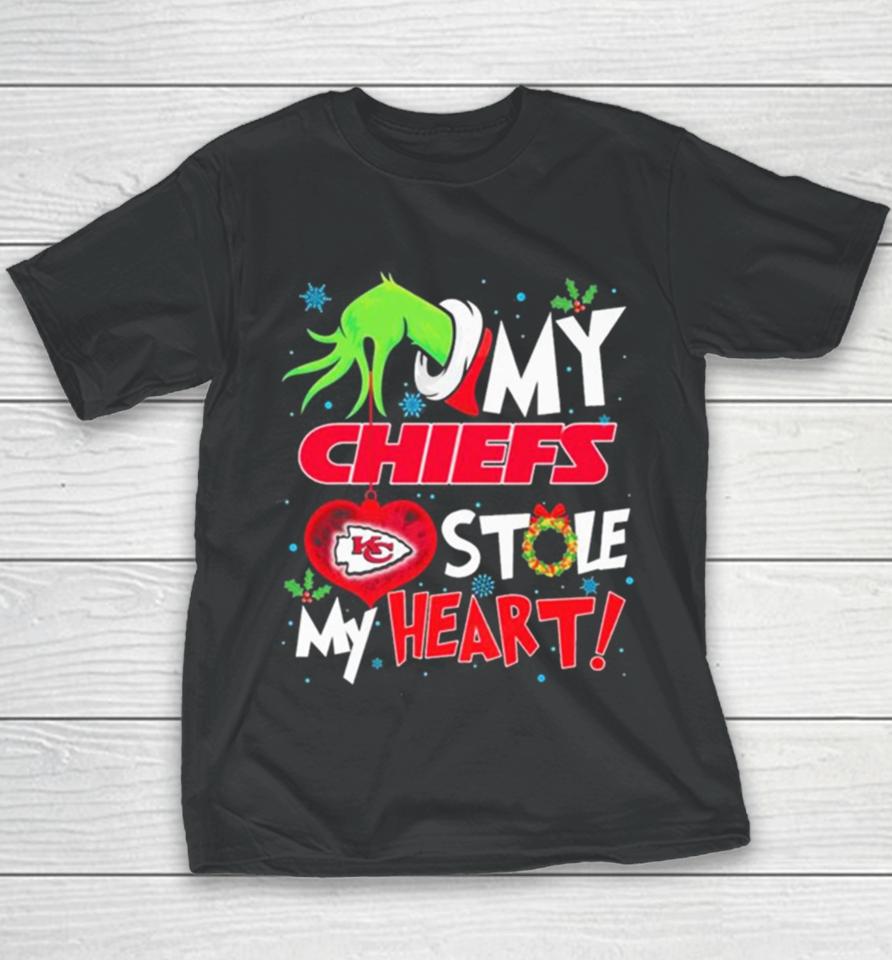 Grinch Hand My Kansas City Chiefs Stole My Heart Christmas Youth T-Shirt