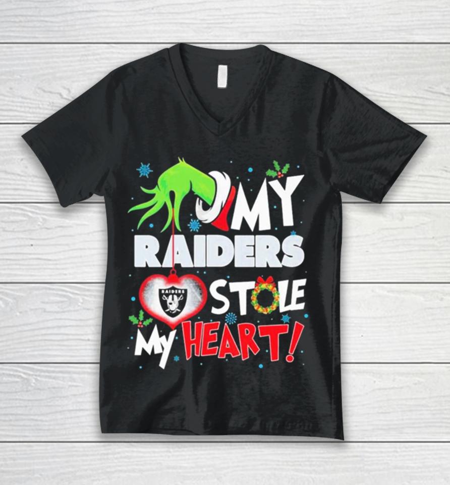 Grinch Hand My Las Vegas Raiders Stole My Heart Christmas Unisex V-Neck T-Shirt