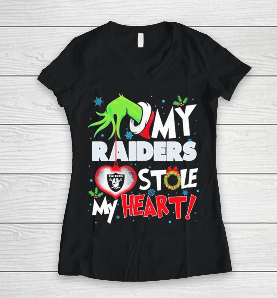 Grinch Hand My Las Vegas Raiders Stole My Heart Christmas Women V-Neck T-Shirt