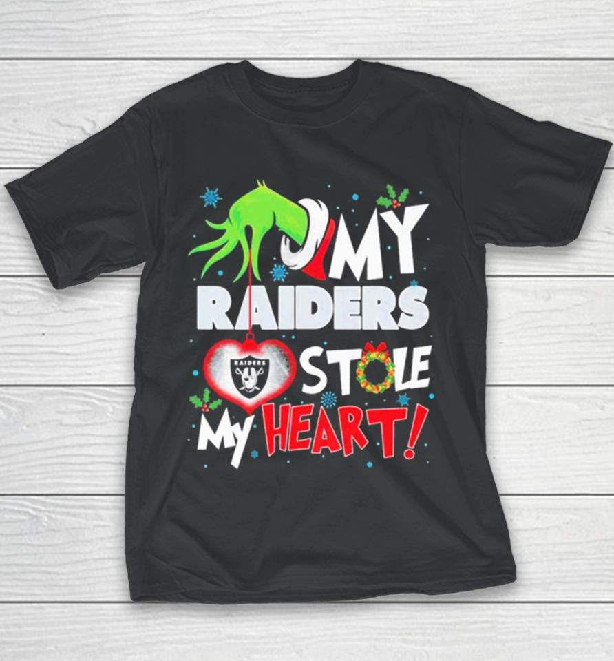 Grinch Hand My Las Vegas Raiders Stole My Heart Christmas Youth T-Shirt